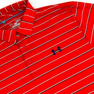 Under Armour Golf Polo Shirt Red Medium Striped Coldblack Heatgear Loose Logo